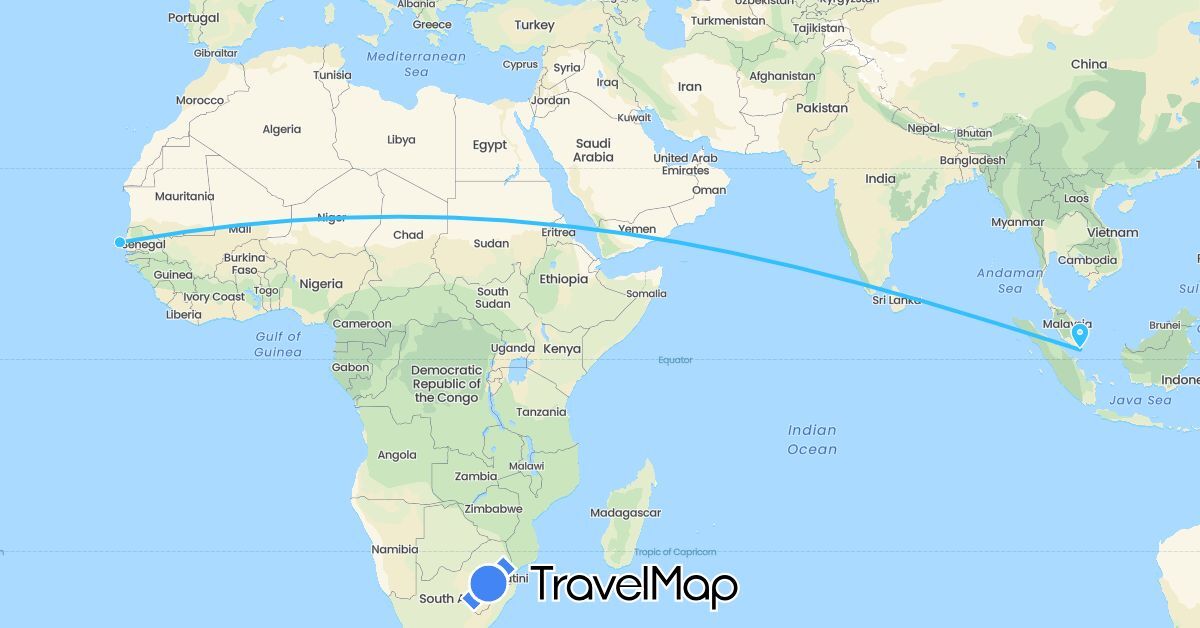 TravelMap itinerary: driving, boat in Singapore, Senegal (Africa, Asia)